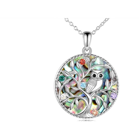 Tree of Life Owl Pendant Necklace with Abalone Shell Inlay & Multicolor Rhinesto - Picture 5 of 5